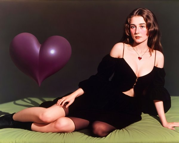 Young woman in black dress with purple heart nearby