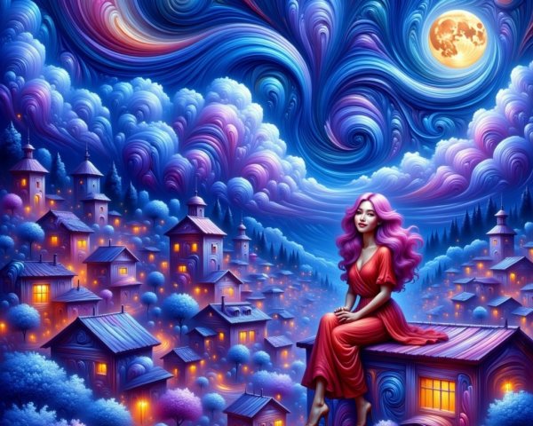 Night Sky Cityscape with Moon and Whimsical Atmosphere