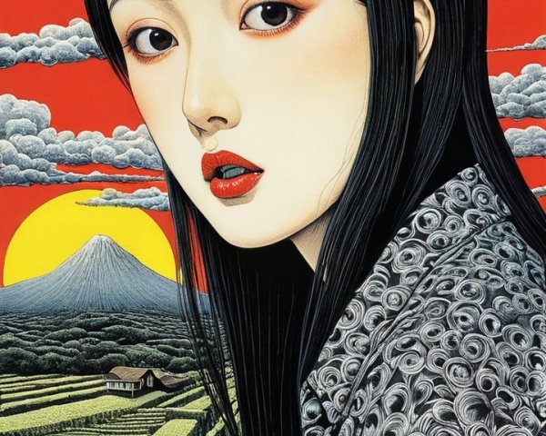 Illustration of a woman in kimono with Mount Fuji backdrop