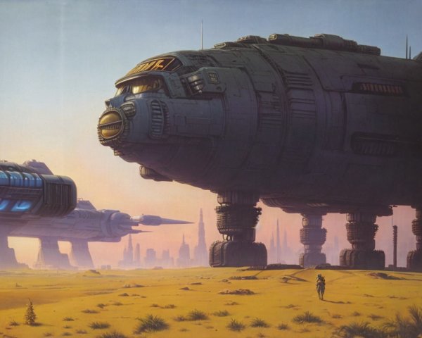 Futuristic Spacecraft in Desert Landscape with City Silhouettes
