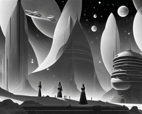 Futuristic Landscape with Advanced Spaceships and Figures