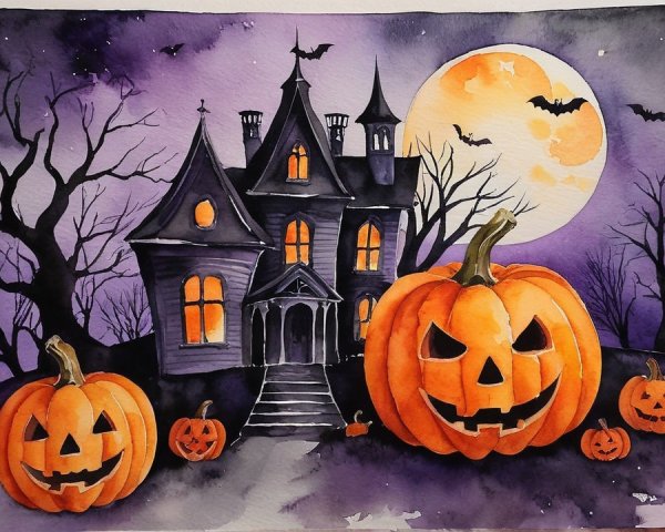 Spooky Mansion with Jack-o'-Lanterns and Purple Sky