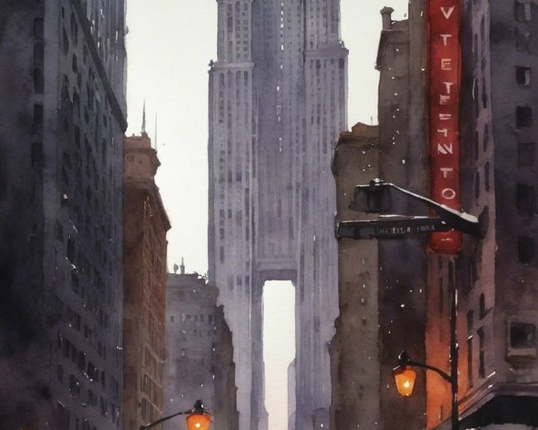 Watercolor City Street Scene with Skyscraper and Rain