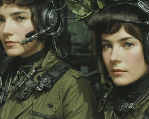 Female Figures in Military Uniforms with Headsets