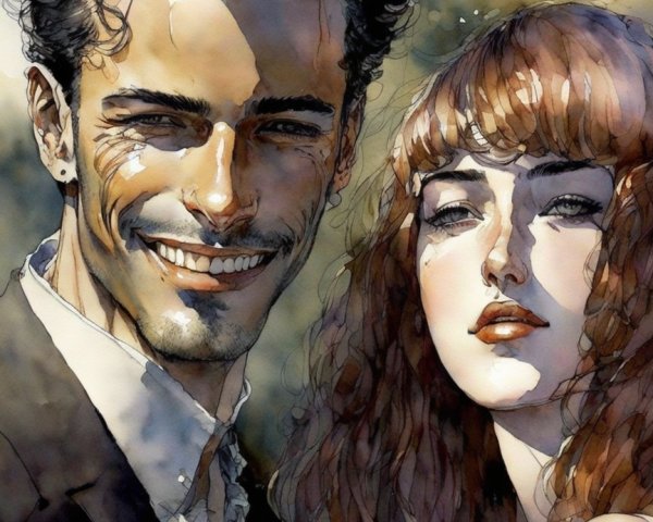 Vibrant Watercolor of Joyful Couple in Soft Background