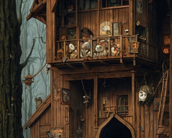 Whimsical Wooden House in Foggy Forest Setting