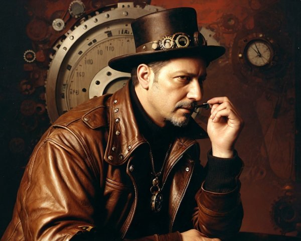 Man in Vintage Leather Jacket with Steampunk Background