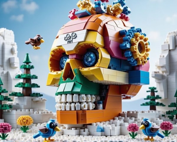 Colorful LEGO Skull in Whimsical Landscape Scene
