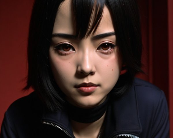Hyper-realistic humanoid figure with dark jacket and red background