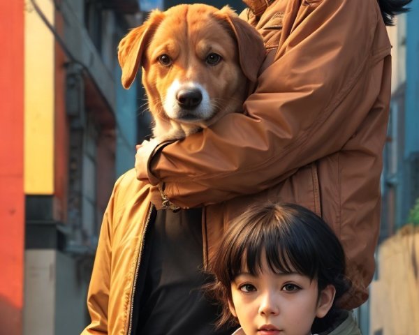 Fair-skinned Asian girl with boy and dog in photo