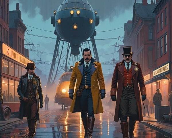 Elegantly Dressed Men in Foggy Retro-Futuristic Setting