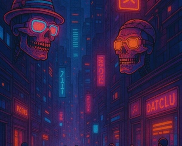 Cyberpunk Night Street with Neon Signs and Skulls