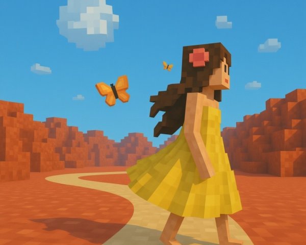 Pixelated Girl in Yellow Dress in Colorful Landscape