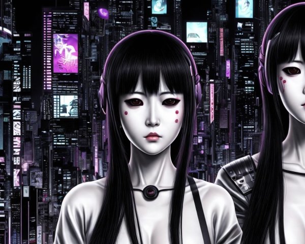 Futuristic Humanoid Figures in Neon Cityscape