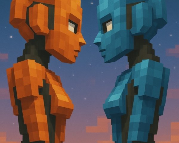Blocky Humanoid Figures Against Sunset Gradient Sky