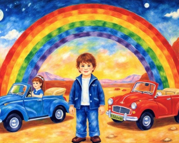 Vibrant Painting of Boy with Vintage Cars and Rainbow