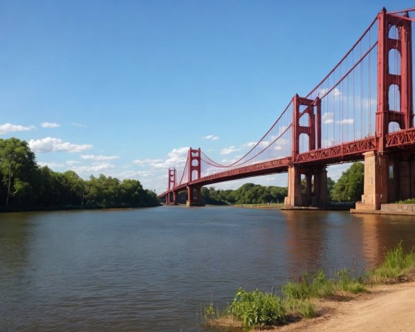 Reddish-orange suspension bridge over dark water