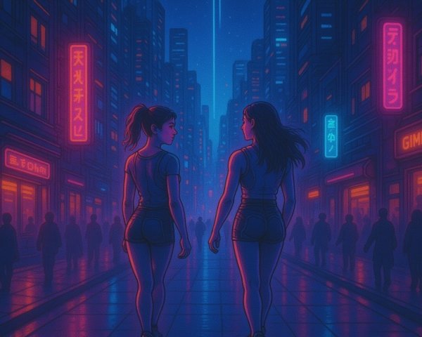 Neon-Lit Urban Scene with Two Women Walking