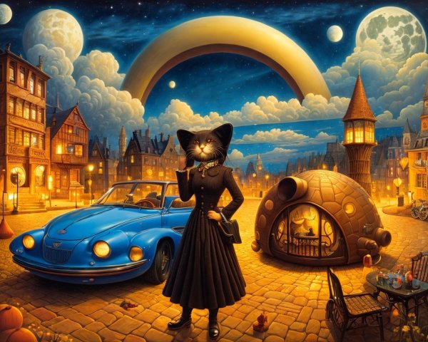 Whimsical Town Scene with Cat-Human Hybrid and Moons