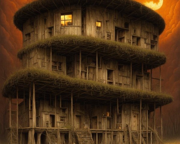 Three-Story Wooden Structure on Stilts Under Moonlight