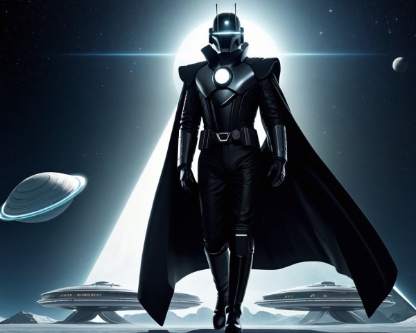 Futuristic figure in dark costume against cosmic backdrop
