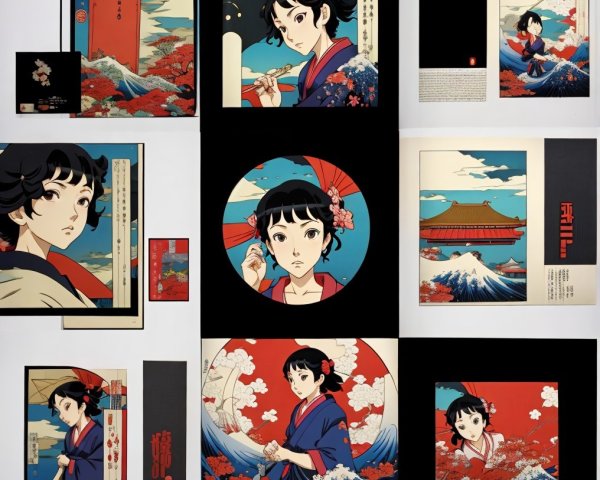 Japanese Collage Artwork with Traditional Kimono Themes