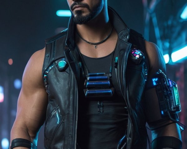 Masculine Man with Cybernetic Arm and Leather Jacket