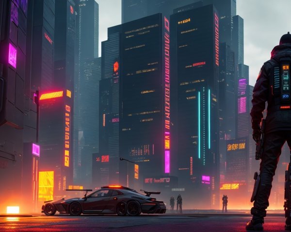 Futuristic cityscape with neon lights and skyscrapers