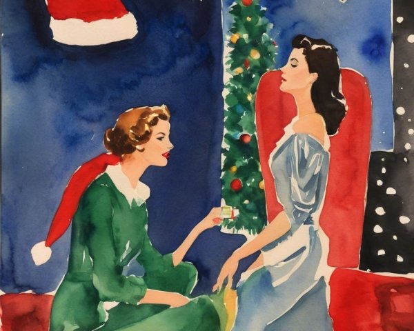 Women Exchanging Gifts on Christmas Eve by a Window