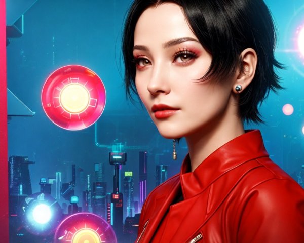 Woman in Red Jacket Against Futuristic Backdrop