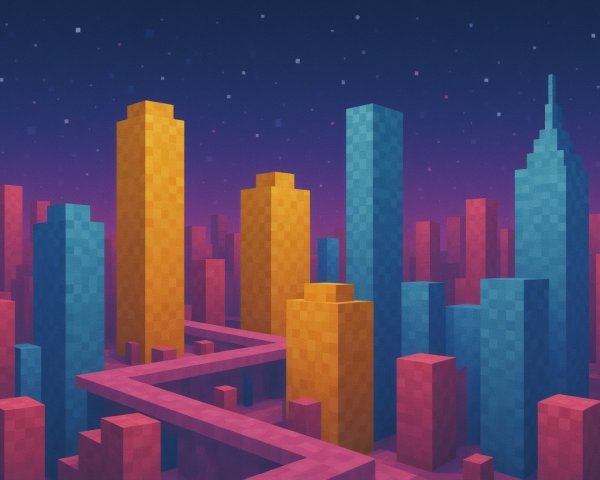 Vibrant Pixelated Cityscape at Twilight with Skyscrapers