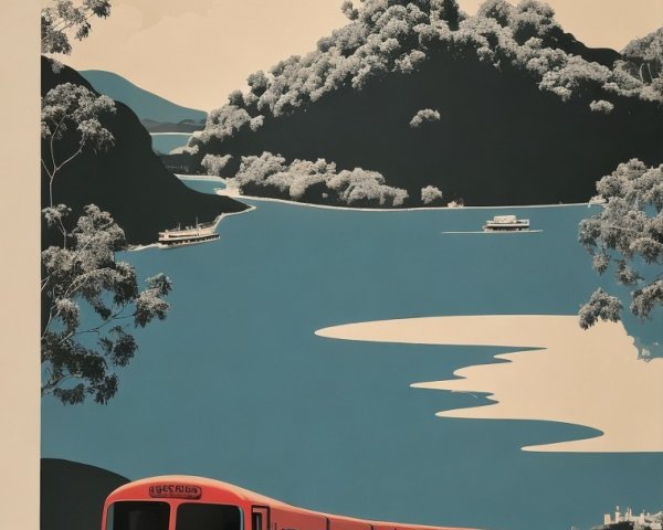 Stylized Red Train on Scenic Route by Water and Hills