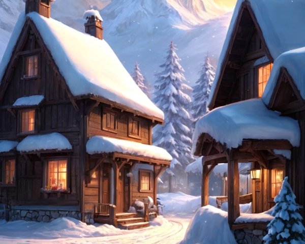Winter Scene with Cottages and Snowy Mountains