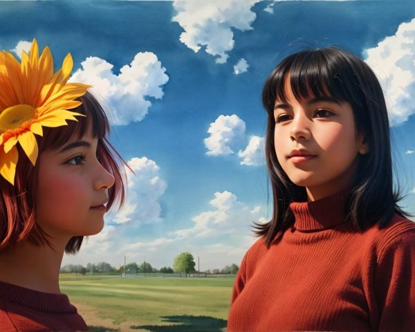 Girls with contrasting hairstyles in a vibrant sky