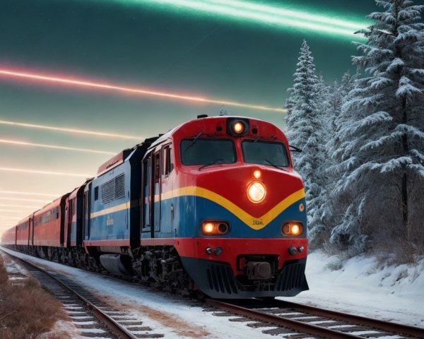 Colorful Passenger Train in Snowy Night Landscape