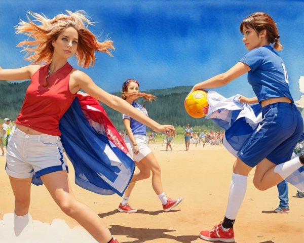 Watercolor Scene of Women Playing Beach Soccer