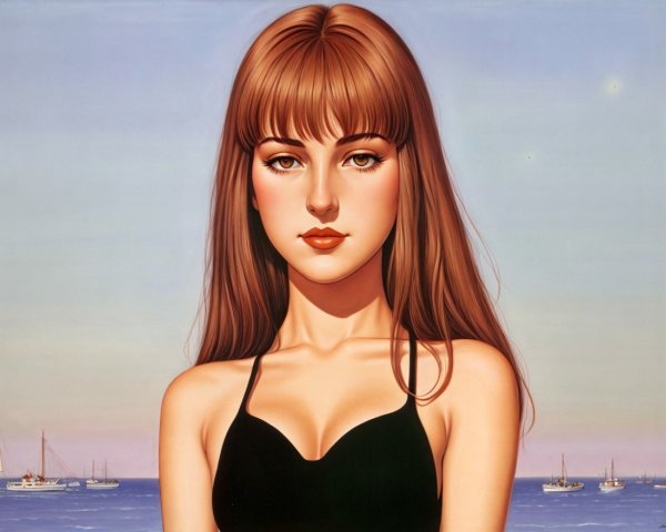 Young woman in black swimsuit by serene seaside