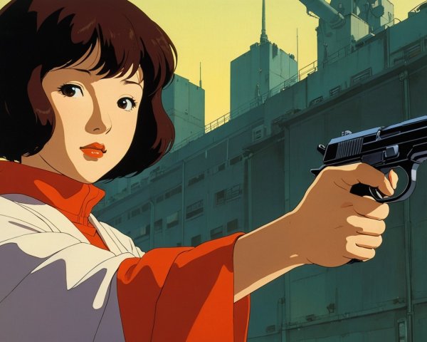 Young woman in traditional outfit with handgun in city