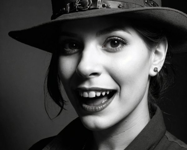 Young woman in wide-brimmed hat with expressive features