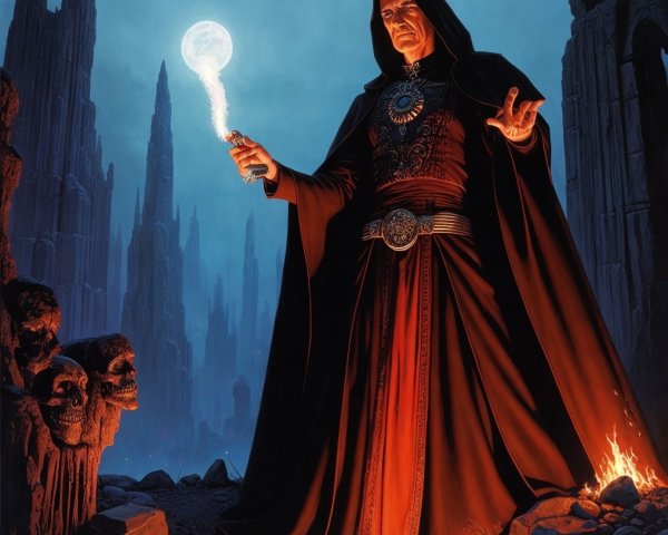 Cloaked Figure with Glowing Orb in Desolate Landscape