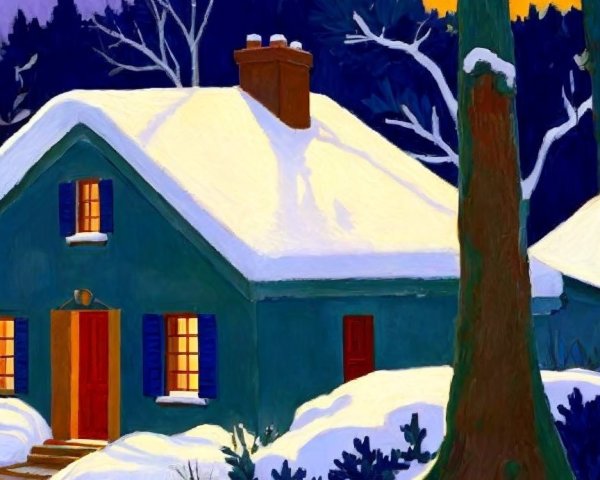 Expressionistic Painting of Teal House in Winter Scene