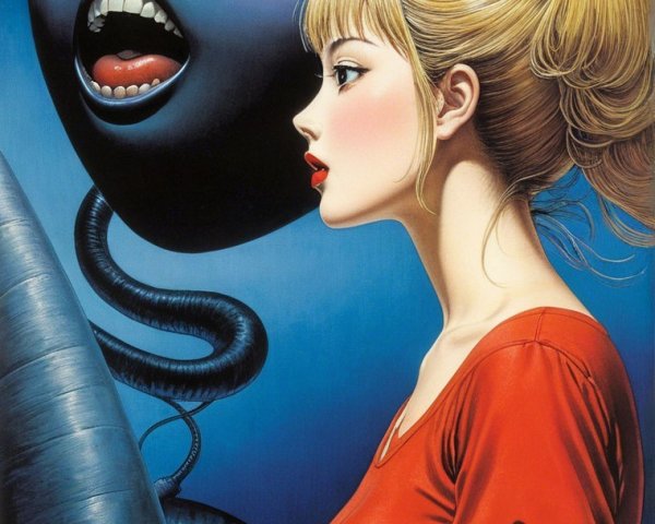 Surreal Encounter Between Young Woman and Blue Alien