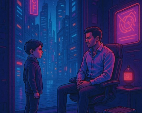 Futuristic cityscape with a man and a curious boy