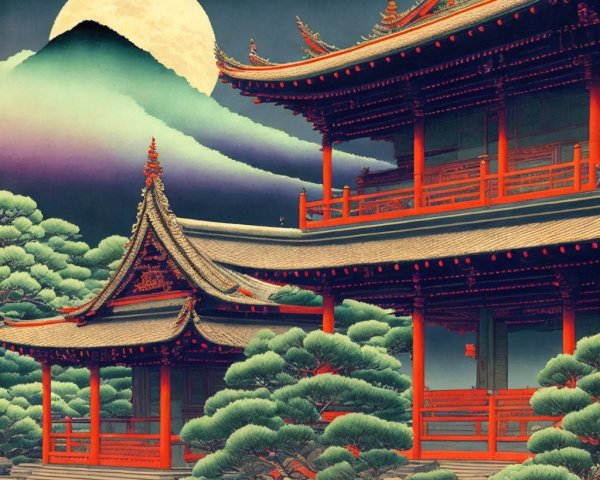 Digital Painting of Asian Temple Complex at Night