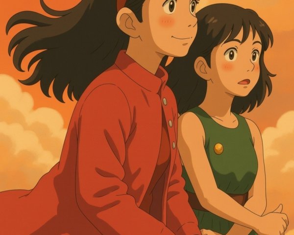 Animated girls in warm orange sky scene