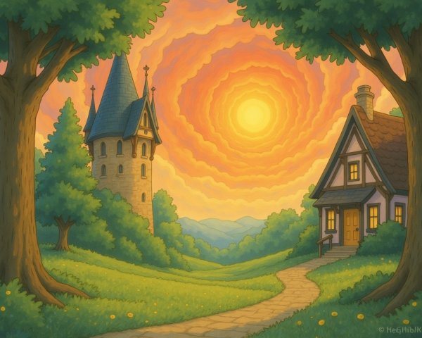 Whimsical Landscape with Cottage and Stone Tower