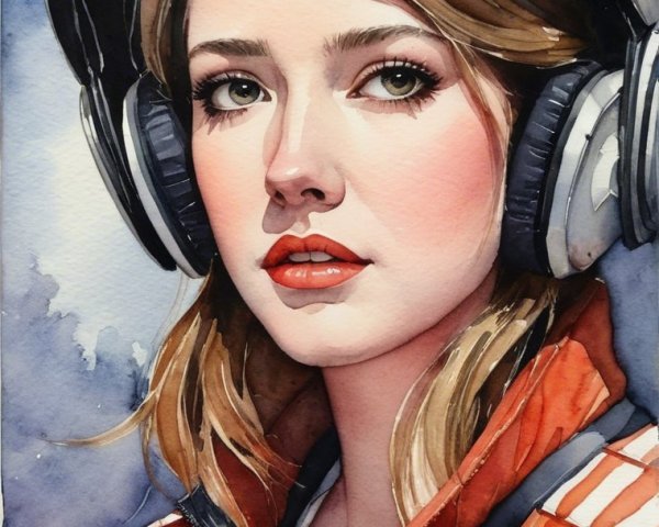 Watercolor Painting of Woman in Space Helmet and Suit