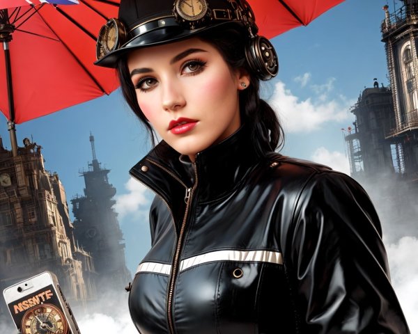 Young Woman in Steampunk City with Vintage Smartphone