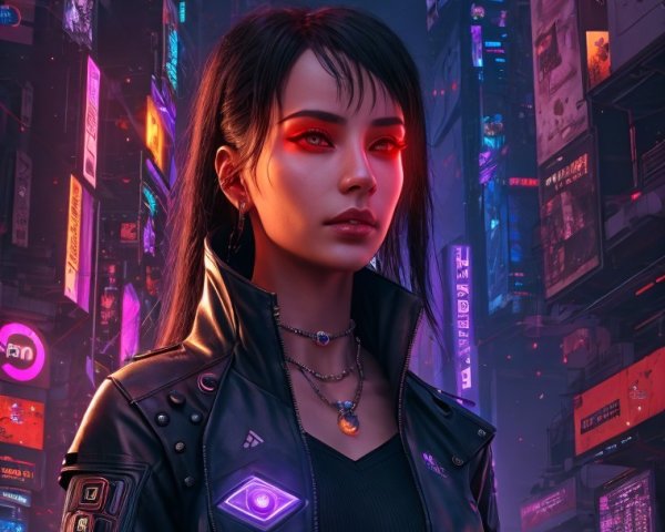 Young woman in cyberpunk city with neon lights
