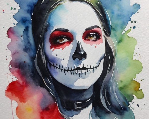 Watercolor Portrait of Woman with Sugar Skull Makeup